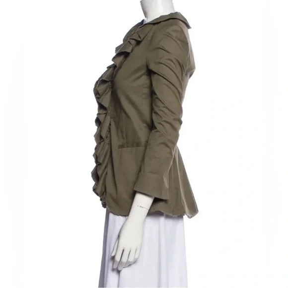Alice + Olivia Dark Olive Blazer Distressed Ruffle Embellishment & Stand Collar - Picture 3 of 8